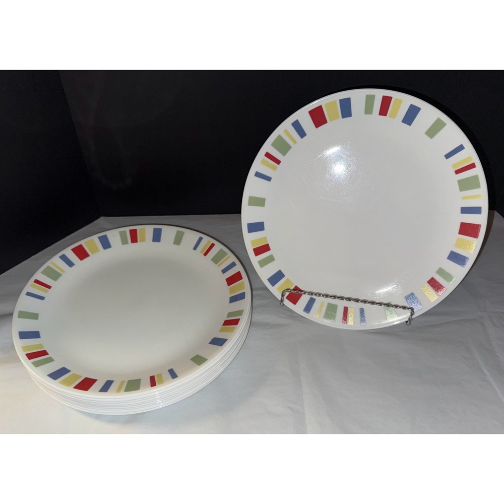 Vintage CORELLE Vitrille 10.25 Dinner Plates MultiColor Blocks MEMPHIS SET OF 10